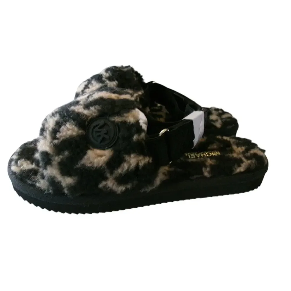 Michael Kors Juniper Faux Sherpa Slipper Slides Black Camel Women's 6M
